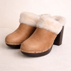 Rouge Faux Fur Platform Clogs | Tan Shearling Mule Heels, sz 10